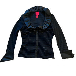 JS Collections Sheer Beaded Blazer Evening Jacket Ruffle Collar Black Size 8